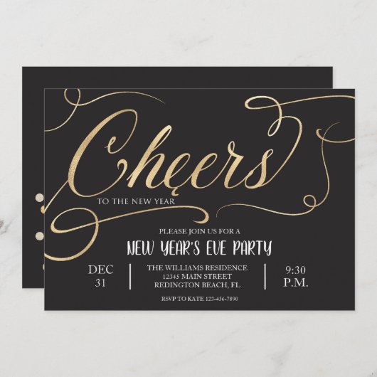 Invitation Salutations au Nouvel An Élégant Script noir (Devant / Derrière)