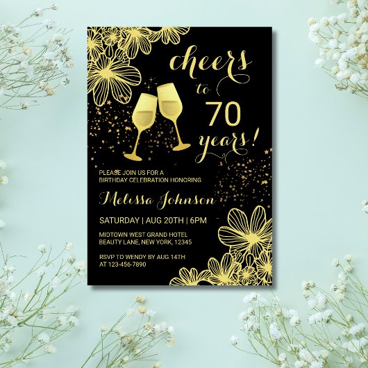 Invitation Salutations Champagne Floral Gold Black Anniversai