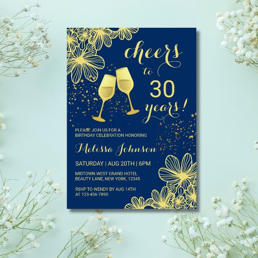 Invitation Salutations Champagne Floral Gold Navy Blue Annive