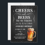 Invitation Salutations et bières 40e anniversaire Chalkboard<br><div class="desc">Salutations et bières Invitations d'anniversaire. Facile à personnaliser. Tout le texte est ajustable et facile à changer pour vos besoins de partie. Tableau de bord et éléments arrière - plans rustiques. Fun Chalkboard tourbillonne et fleurit. Boue à bière aquarelle. Invitations pour lui. Barre ou jardin barbecue design anniversaire. N'importe quel...</div>