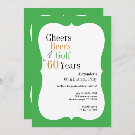 Invitation Salutations et bières Golf 60e Anniversaire Vert (Devant / Derrière)