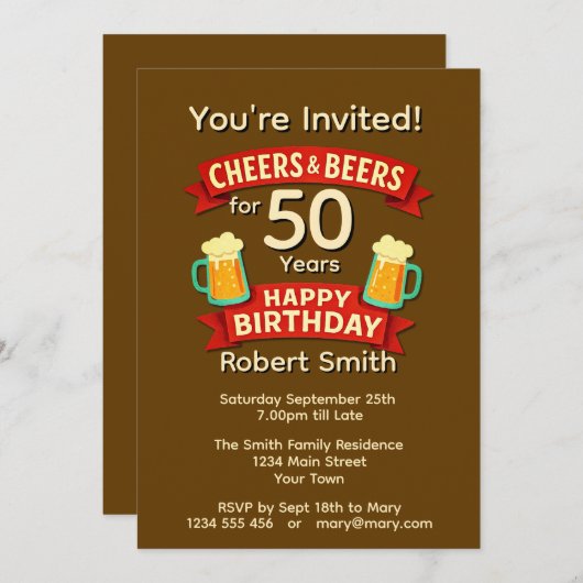 Invitation Salutations et bières pour 50 ans heureux NOM d'an (Devant / Derrière)