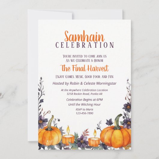 Invitation Samhain Party Automne Floral Citrouilles et bougie (Devant)