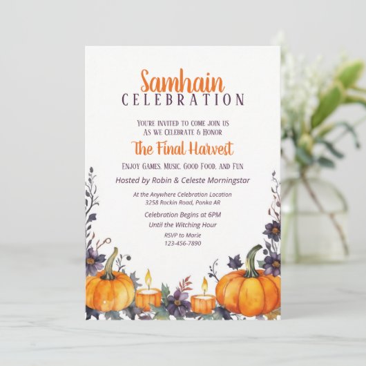 Invitation Samhain Party Automne Floral Citrouilles et bougie (Debout devant)