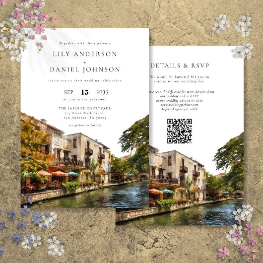 Invitation San Antonio Watercolor QR Code Wedding