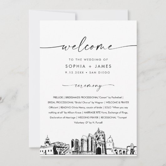 Invitation San Diego Skyline Wedding Program 5x7 Flat Card (Devant)