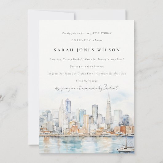 Invitation San Francisco Watercolor Landscape Birthday (Devant)
