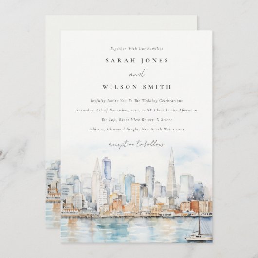 Invitation San Francisco Watercolor Landscape Wedding (Devant / Derrière)