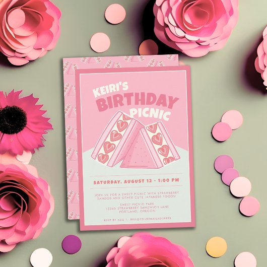 Invitation Sandwich aux fraises roses Anniversaire Pique-niqu