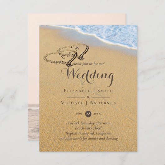 Invitation Sandy Beach Noms dans Sand Hearts Mariage Océan (Devant / Derrière)