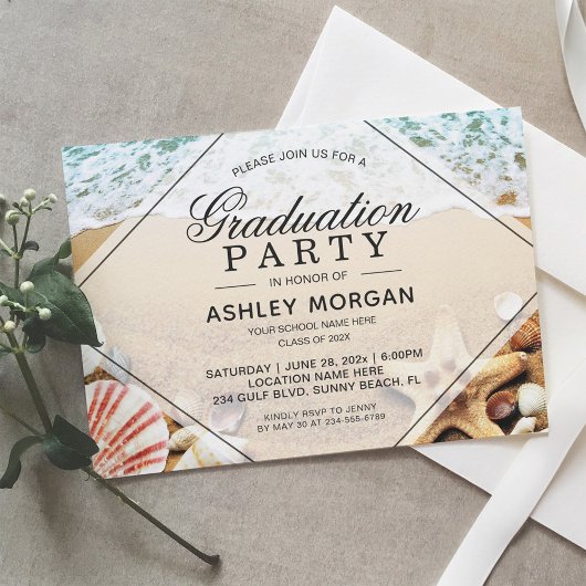Invitation Sandy Beach Starfish Seashell Graduation Party