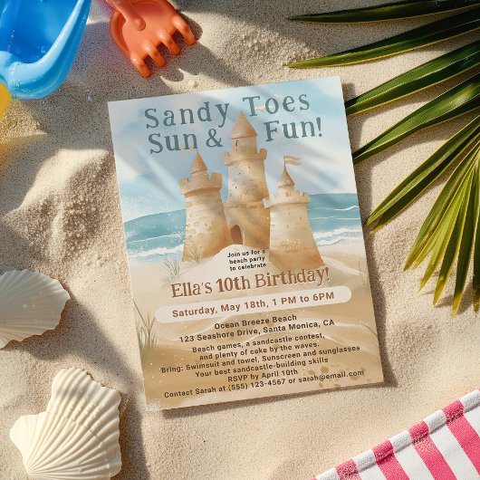 Invitation Sandy Toes Sun Fun Beach Sand Castle Enfant annive