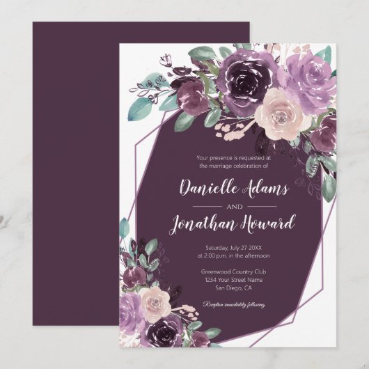 Invitation Sangria Mariage géométrique floral violet foncé | (Devant / Derrière)