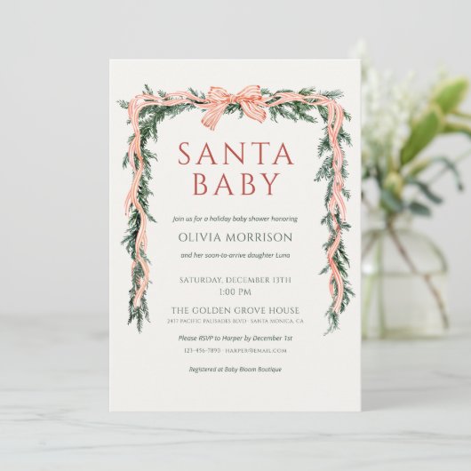 Invitation Santa Baby All in One Bow Winter Baby Shower (Debout devant)