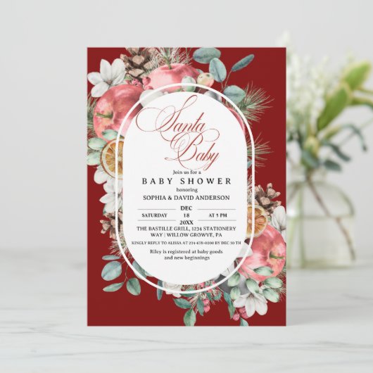 Invitation Santa Baby Script Winter Pine Tree Greenery Shower (Debout devant)