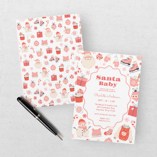 Invitation Santa Bébé Fête Prénatale de Noël Rouge et Rose