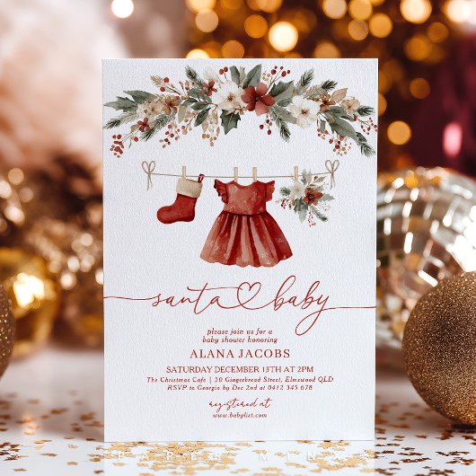 Invitation Santa Bébé Fille Robe Rouge de Noël