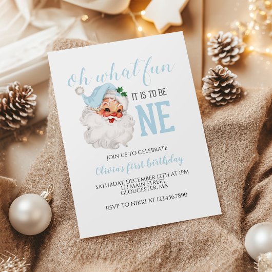 Invitation Santa bleu de Noël Premier Anniversaire