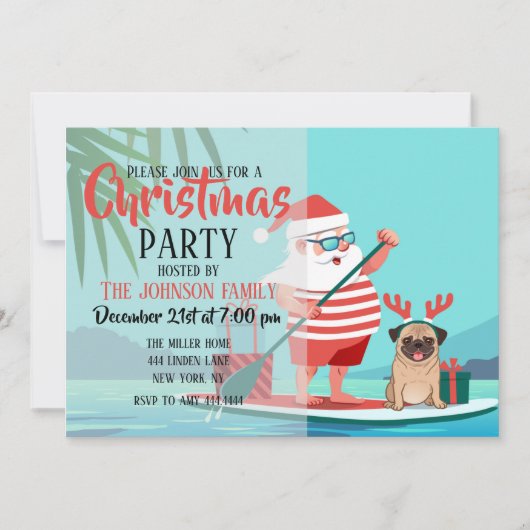 Invitation Santa Claus and His Pug on a surfboard (Devant)