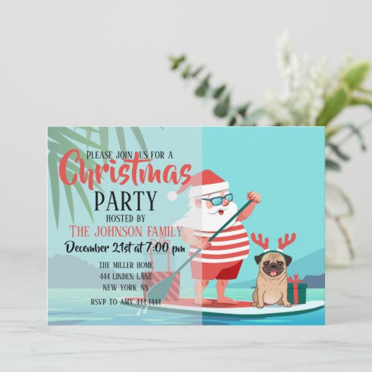 Invitation Santa Claus and His Pug on a surfboard (Debout devant)