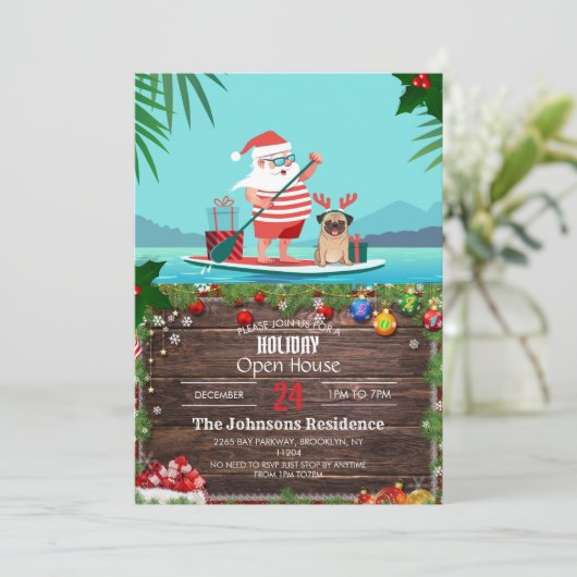 Invitation Santa Claus and His Pug on a surfboard (Debout devant)