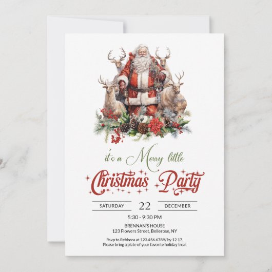 Invitation Santa Claus rouge et vert classique avec rennes (Devant)