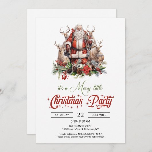 Invitation Santa Claus rouge et vert classique avec rennes (Devant / Derrière)