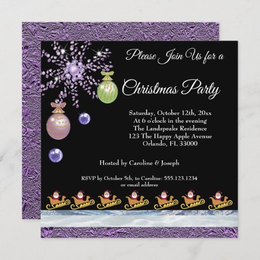 Invitation Santa Claus sur or, améthyste & neige glacée & hui (Devant / Derrière)