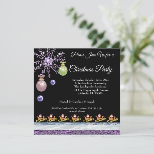 Invitation Santa Claus sur or, améthyste & neige glacée & hui (Debout devant)