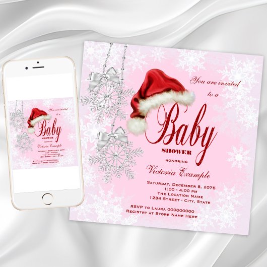 Invitation Santa Hat Snowflakes Filles Baby shower de Noël