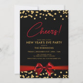 Invitation SANTÉ! Nouvel An Sove Party Gold Confetti Red Bow (Devant)