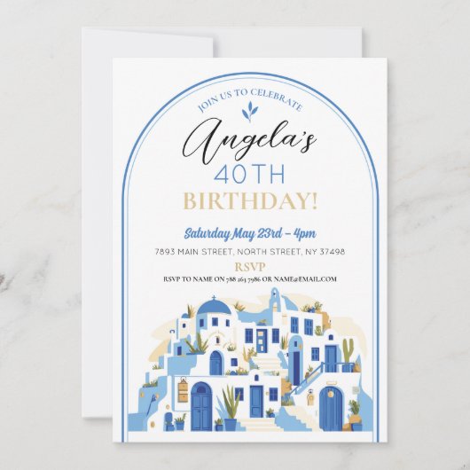 Invitation Santorin fête d'anniversaire Grèce bleu blanc (Devant)