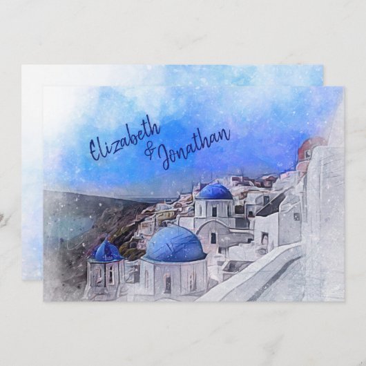 Invitation Santorin Grèce Aquarelle Destination Mariage (Devant / Derrière)