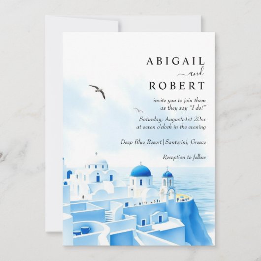 Invitation Santorin Grèce aquarelle destination mariage (Devant)