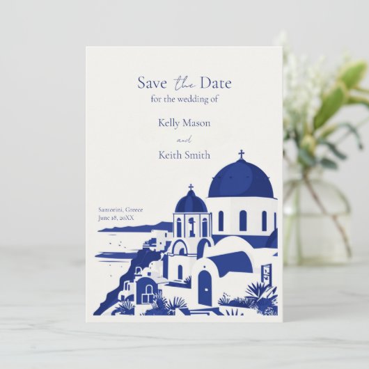 Invitation Santorin Grèce Aquarelle Mariage Enregistrer La Da (Debout devant)