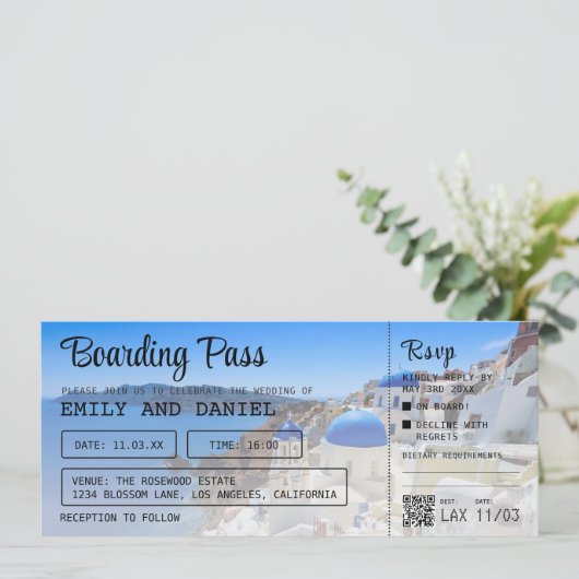 Invitation Santorin Grèce Destination Boarding Pass Mariage (Debout devant)