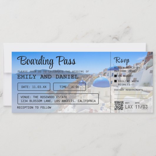 Invitation Santorin Grèce Destination Boarding Pass Mariage (Devant)