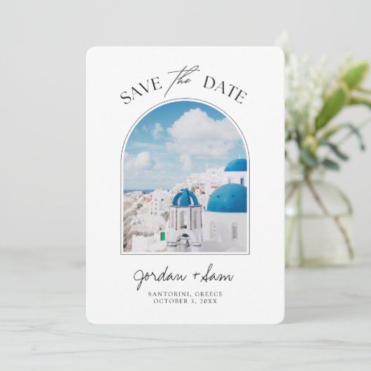 Invitation Santorin Grèce Mariage Sauvez la date (Debout devant)