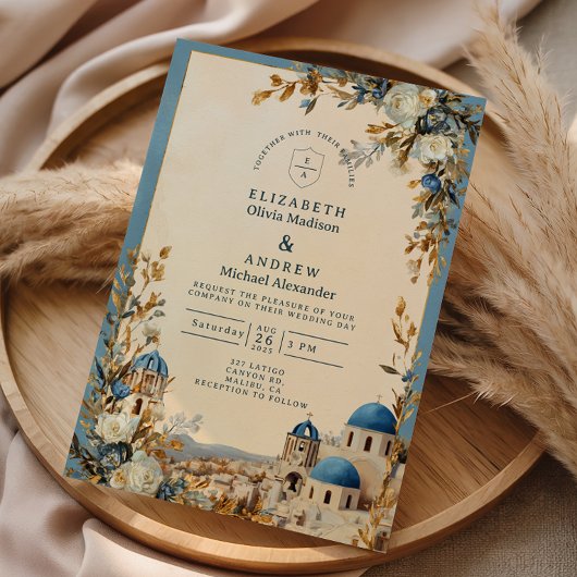 Invitation Santorini Blue Dome Botanical Wedding