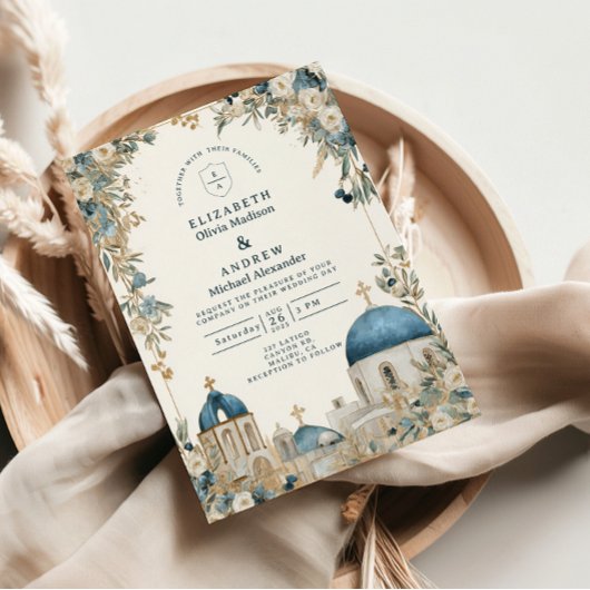 Invitation Santorini Blue Domes Botanical Wedding