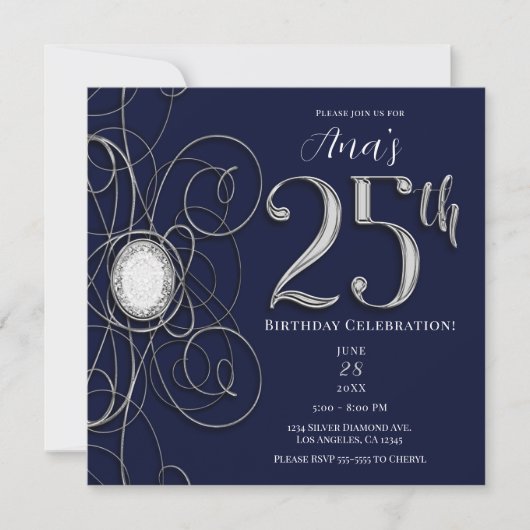 Invitation Saphir Bleu & Diamant Argent 25 25ème Anniversaire (Devant)