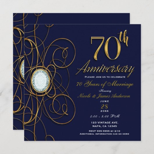 Invitation Saphir Bleu & Diamant Or 70 70e Anniversaire (Devant / Derrière)