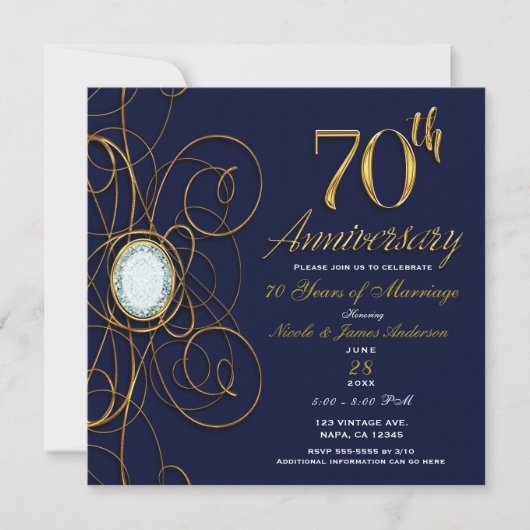 Invitation Saphir Bleu & Diamant Or 70 70e Anniversaire (Devant)