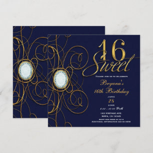 Invitation Saphir Bleu Or Diamant Sweet 16 16e Anniversaire