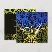 INVITATION SAPHIR JAUNE BLEU DAMAS NOIR MONOGRAMME (Devant / Derrière)