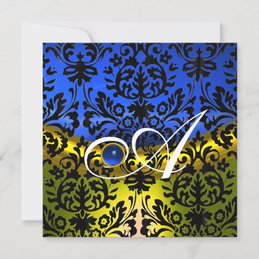 INVITATION SAPHIR JAUNE BLEU DAMAS NOIR MONOGRAMME (Devant)