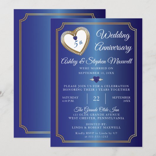 Invitation Saphirs Diamants 5e anniversaire de mariage (Devant / Derrière)