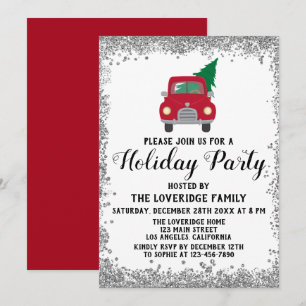 Invitation Sapin de Noël Camion Rouge Fête de Noël Argent