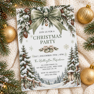 Invitation Sapin de Noël Montagnes d'hiver Ruban Vert