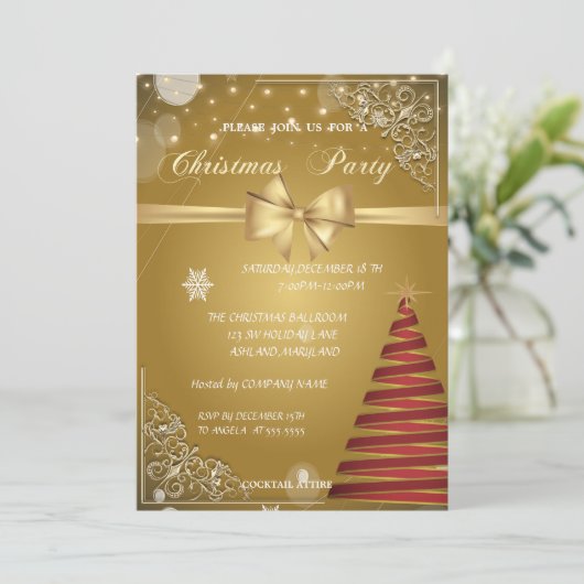 Invitation Sapin de Noël, Nœud Doré, Fête de Noël d'Entrepris (Debout devant)